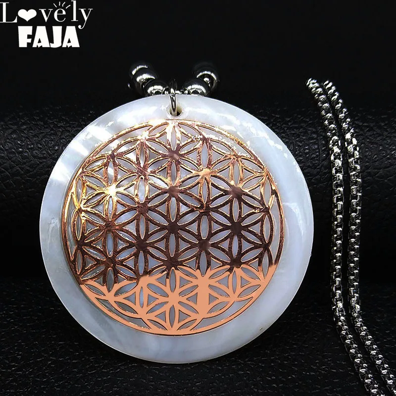 

Flower of Life Shell Stainless Steel Chain Necklace Women Rose Gold Color Long Big Statement Necklace Jewelry colgante N20090