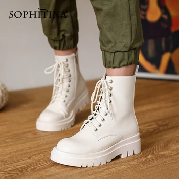 

SOPHITINA Women's Boots New Fashion Spring Autumn Ankle Motorcycle Boots Round Toe Lace-Up Zipper Solid Color Women Shoes MO721