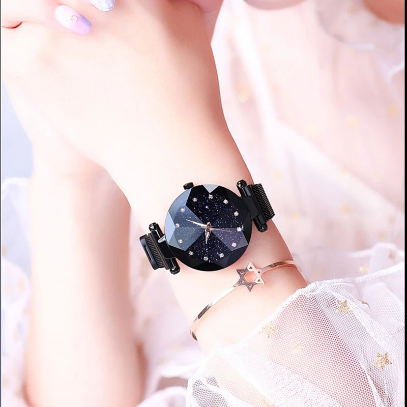 Luxury ladies watch magnet stainless steel mesh with starry fashion diamond female luminous shining quartz watch relogio feminin