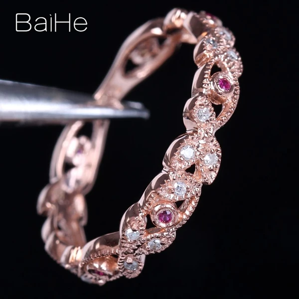 BAIHE твердое 10 к розовое золото(AU585) около 0.2CT сертифицировано натуральными бриллиантами и рубинами обручальное женское модное Подарочное кольцо