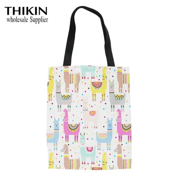 

THIKIN Cartoon Alpaca Pattern Kawaii Linen Tote Bag for Teenager Girls Fashion Beach Bag Women Shoulder Bag Top-handle Bolsa