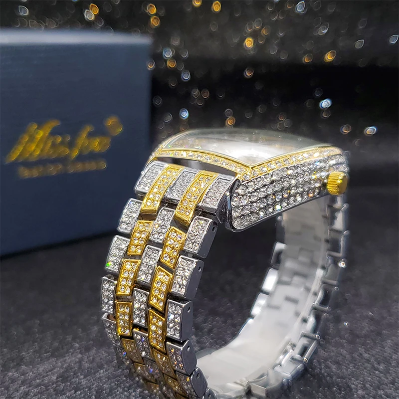 MISSFOX Ceas de aur pentru bărbați, ceasuri hip-hop bling bling tonneau cu cuarț pentru bărbați mari, impermeabil, ceas de mână Millerable_voghion.com