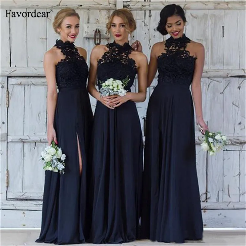 Favordear Navy Blue Long Chiffon Bridesmaid Dress Vestido Dama De Honra Halter Side Split Formal Party Gown | Свадьбы и торжества
