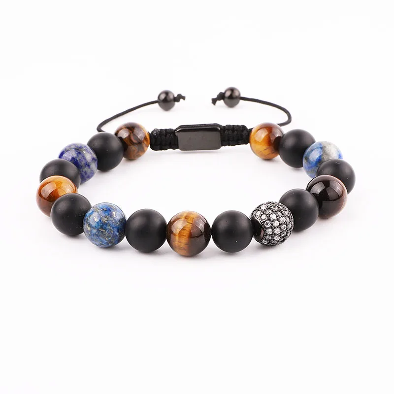 New Design Natural Stone CZ Pave Charm Tiger Eye Lapis Lazuli Macrame Adjustable Bracelet Men