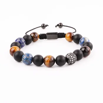New Design Natural Stone CZ Pave Charm Tiger Eye Lapis Lazuli Macrame Adjustable Bracelet Men