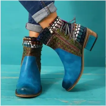 

Fashion Women Ankle Boots Mid Med Heels Round Toe Bohemia Shoes Woman Chaussure Zapatos Mujer PU Leather Ethic Booties