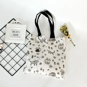 

Cat Flower Black Print Canvas Tote Bag Women Girl Reusable Shopping Bag Handbag Casual Bags Folding Portable Travel Shopper Bag