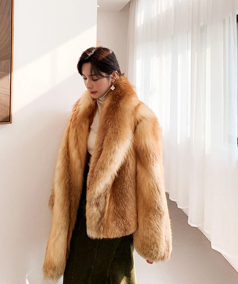 Ftangaiur Winter Import Golden Island Fox Fur Coat Women's Full Sleeve Pure Color V-Neck Short Natural Real Fox Fur Coats