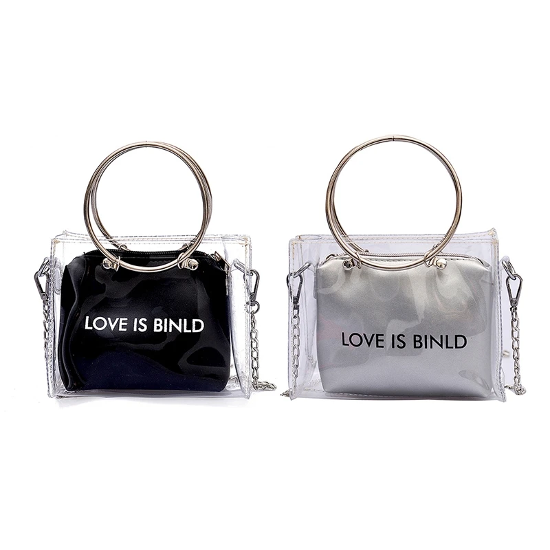 

2Pcs Fashion Women Bag Set Transparent Shoulder Bag+Clutch for Teenage Girls Fashion Jelly Crossbody Bag Circle Handle Tote Silv