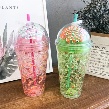 

Cool Summer Ice Cup 430ml Water Coffee Juice Milk Straw Cup Fruit Salad Pattern Double Layer Sippy Bottle Plastic Cups Drinkware