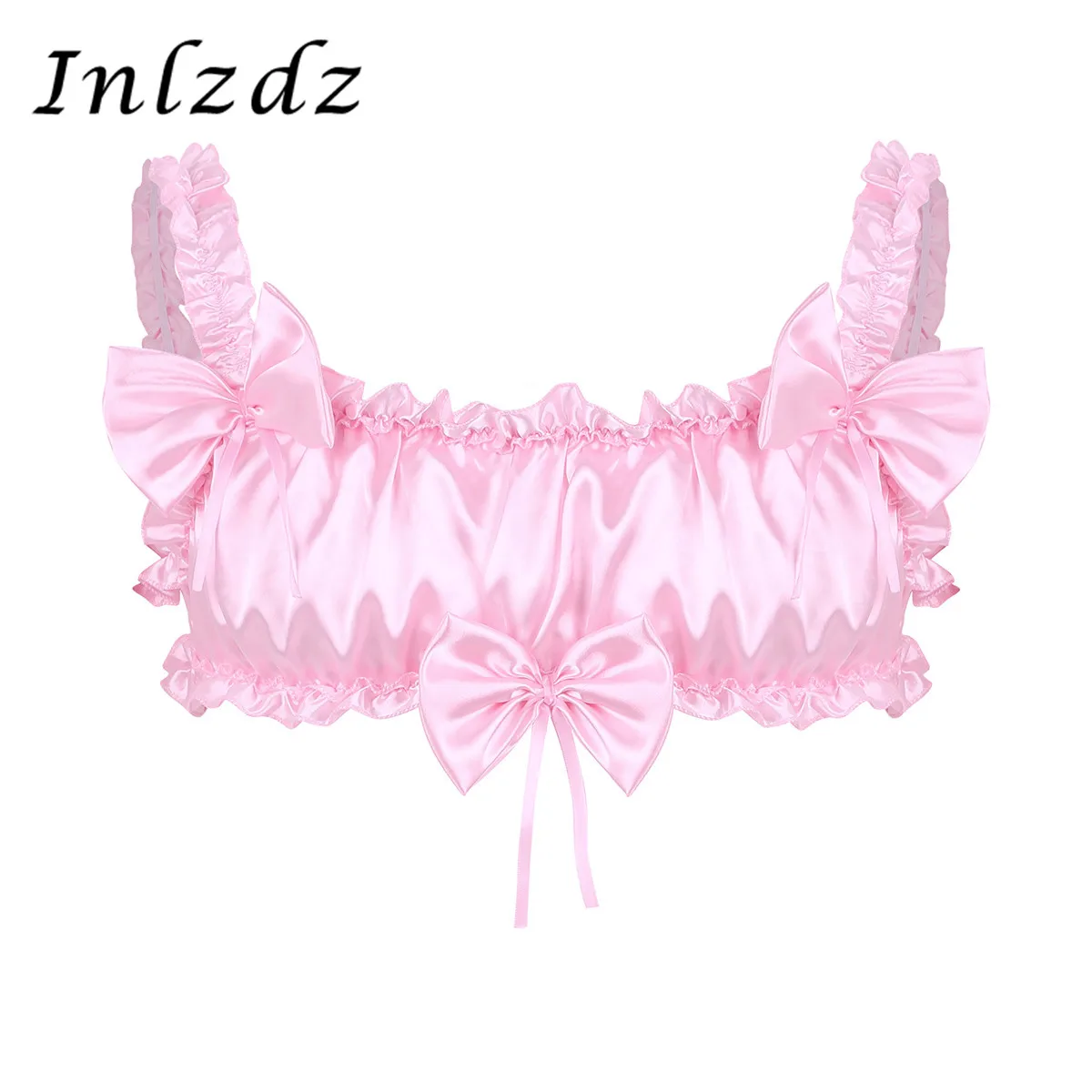 

Mens Lingerie Sissy Bra Top Satin Ruffled Frilly Porno Costume Elastic Wide Shoulder Straps Backless Wire-free Hot Sexy Bra Top