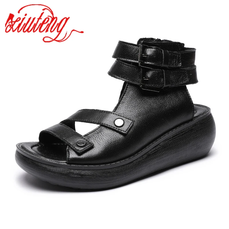 

Xiuteng 2022 Summer New Roman Sandals Women's Trifle Thick-Soled Retro Leather Handmade Sandals Female Fish Mouth Comforta Shoes