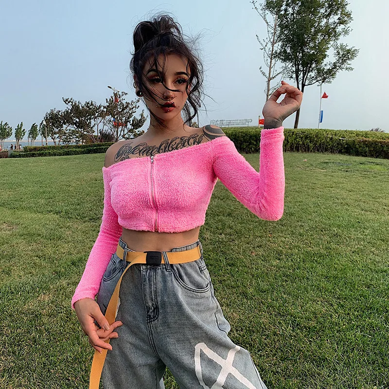 Women Winter Warm Fluffy Front Zipper Sweater Clubwear Jumper Long Sleeve Slash Neck Off Shoulder Sexy Sweater Crop Tops Outwear