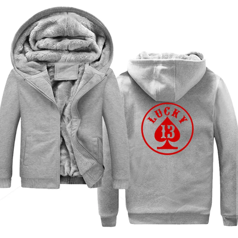 Lucky NUMBER 13 Winter Warm Thick Velvet Male Hoodies Sweatshirts Men Coat Casual Zipper Cardigan moleton masculino Man Hooded | Мужская