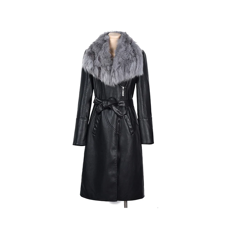 M-3XL женский кожаный плащ для зимы плюс бархат Теплый тонкий большой меховой воротник длинное кожаное пальто женское пальто Верхняя одежда