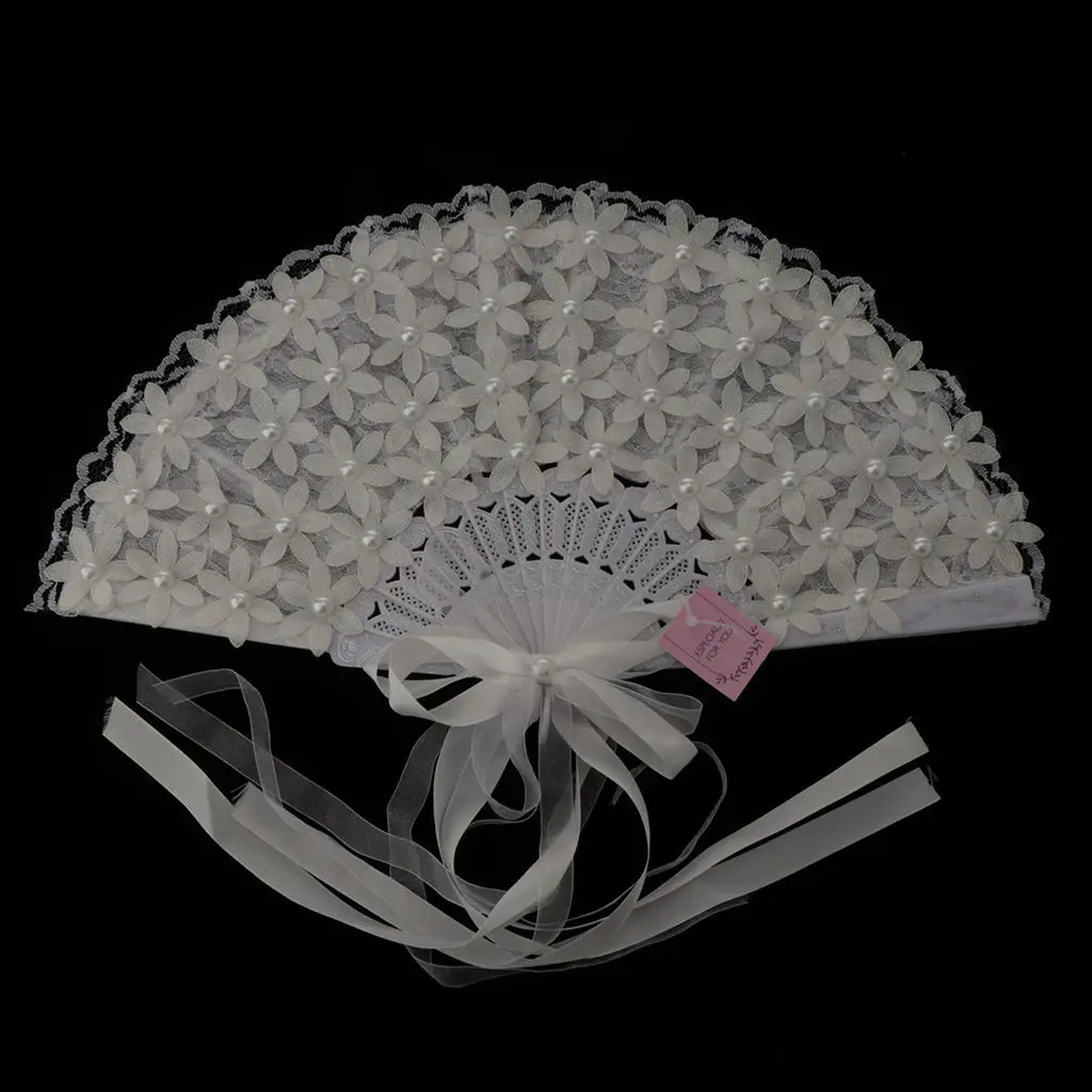 Lace Folding Fan White Flowers with Ribbons Handheld Fan For Women Bridal wedding handheld fan