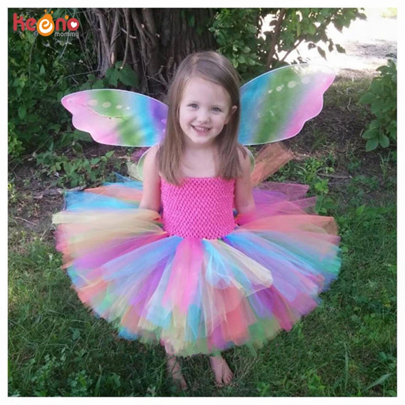 

Rainbow Girls Tulle Tutu Dress Handmade Fluffy Baby Ballet Tutus with Butterfly Wing Costume Set Children Birthday Party Dresses