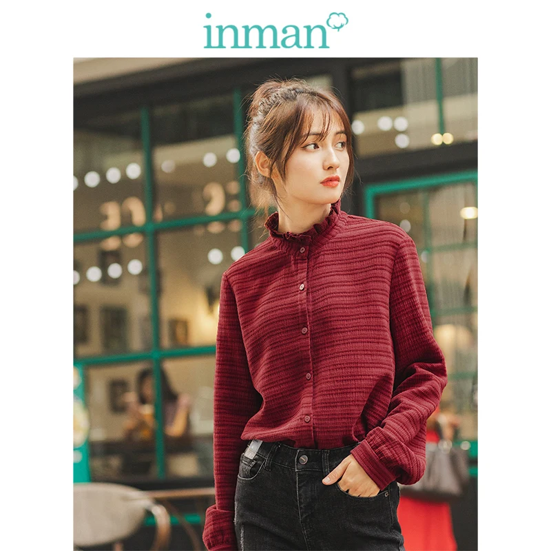 INMAN зимняя Литературная кружевная стоячий воротник в полоску удобная свободная с