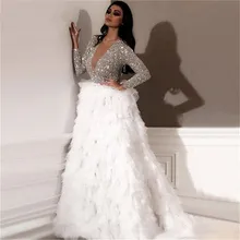 Белый мусульманские Вечерние платья трапециевидной формы с v-образным вырезом Тюль с длинным рукавом Кристаллы Дубай Саудовская Арабский длинное вечернее платье