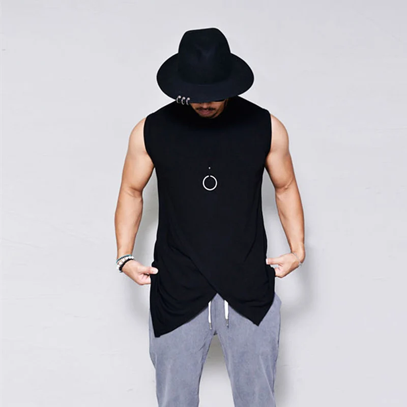 Для мужчин хип-хоп рубашка платья Casual Tanks модные однотонные Топы Для мужчин с О-образным вырезом без рукавов "неправильная майка-топ с черным верхом