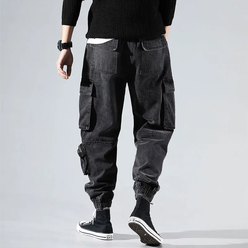 Promotion Japanese Fashion Men Jeans Black Loose Fit Multi Pockets Cargo Pants Harem Trousers High Quality Streetwear Hip Hop Jeans Men