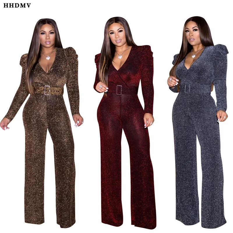 HHDMV spring women fashion high street style formal jumpsuits long sleeve deep v sashes 3 color jumpsuits long pants