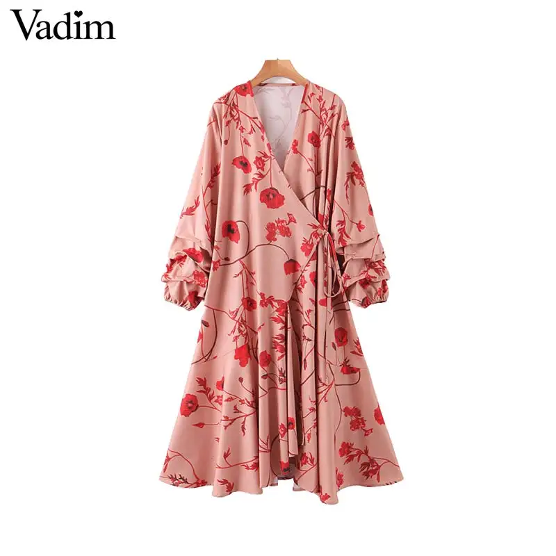 

Vadim women stylish floral print wrap dress Cross V neck bow tie long sleeve one piece female ankle length long dresses QD196