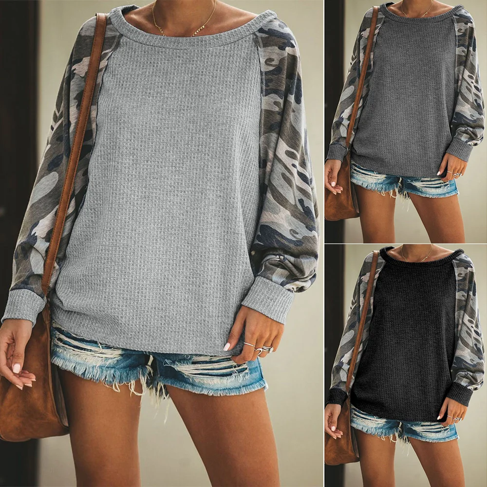 

Squadron Thermal Camo Contrast Dolman Top Fall and Winter 2019 Fashion Printed Camouflage Long Sleeve Blouse