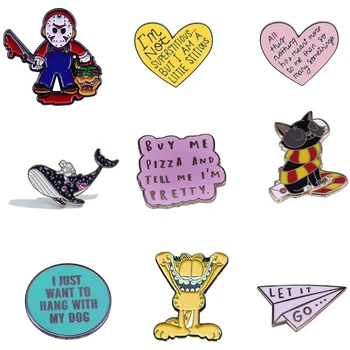 

12pcs/lot E2100 Cartoom Cat Astronaut Metal Enamel Pins Heart Shape Brooches for Women Men Text Lapel Pin Backpack Bags Badge