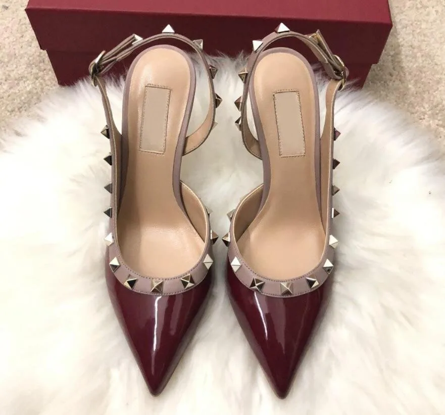 Women Dress Shoes rock Patent High Heels stud Pumps Rivets Real Leather Pointed Toe Wedding Shoes Gift Party Shoes - Цвет: 5