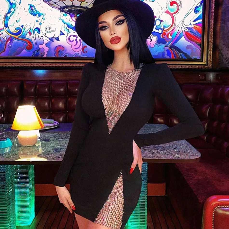 2021 Summer Women Black Beading Long Sleeve Bandage Dress Sexy Crew Hollow Out Bodycon Club Celebrity Runway Party Mini Dress