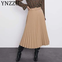 YNZZU новые элегантные длинные плиссированные юбки для женщин цвета хаки, черные женские юбки с завышенной талией и поясом, женские юбки falda AB257