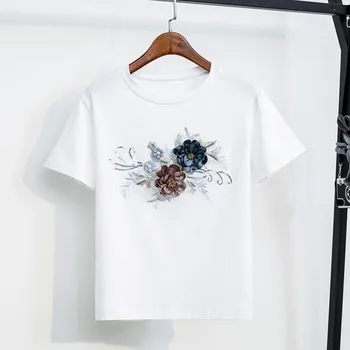 

2020 Summer Embroidery Beading Flower T Shirts Women O-Neck Short Sleeve Girl Tops T-shirts Women Floral Tee Shirt