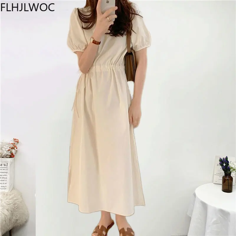 

Korean Chic Long Max Dress Summer Short Sleeve A Line Lace-Up Bow Tie Retro Vintage Cute Women Cotton Blend Dresses Flhjlwoc