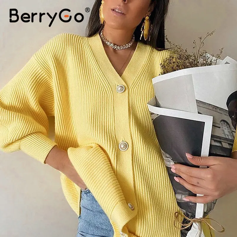 Kimono Cardigan Sweaters Lantern Berrygo V-Neck Knitted Female Women Sleeve-Button Streetwear