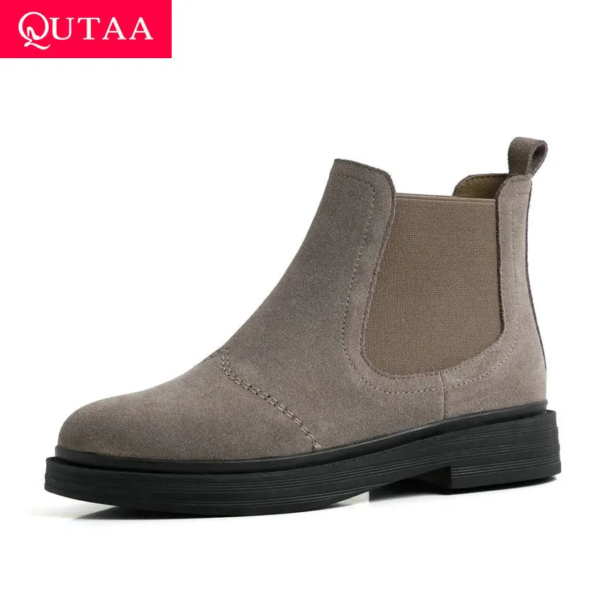 

QUTAA 2020 Cow Suede Warm Fur Platform Slip on Women Shoes Square Low Heel Round Toe Autumn Winter Casual Ankle Boots Size 34-39