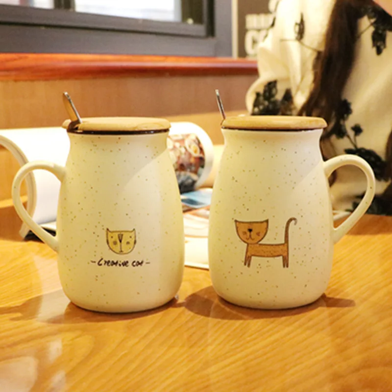 Новинка 1 шт. 380 мл Творческий котенок кружка Керамика чайные чашки, кружки с деревянная крышка металлическая блесна, приманка, уникальные Мультяшные парные кружки для кофе и молока чашки