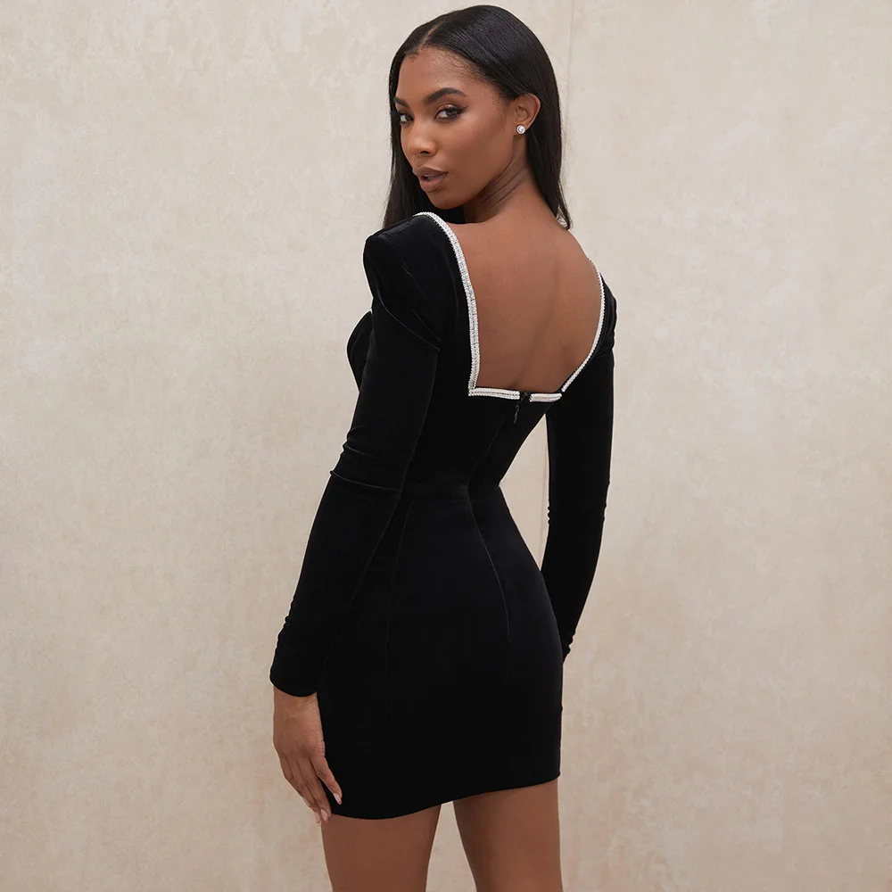 denim dress High Quality Black Bodycon Dress 2021 New Autumn Long Sleeve Crystal Dress Women Party Sexy Velvet Dress Evening Night Dresses white dresses for women