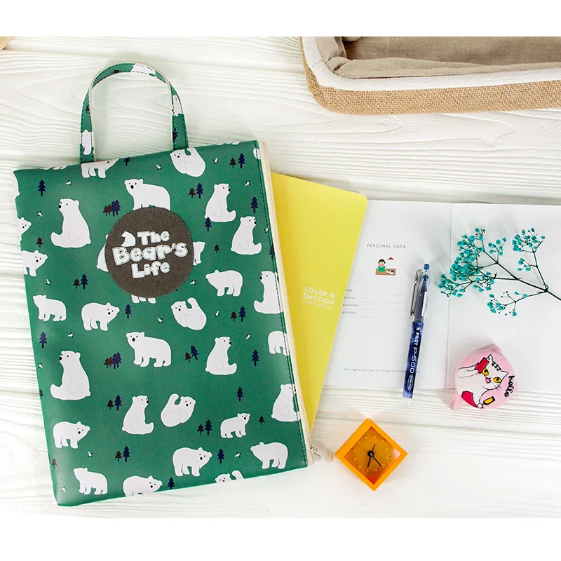 

P407 Korean-Style Indie Zip Cute Leather File Holder-Style for A4 Archives File Bag File Folder Stationery