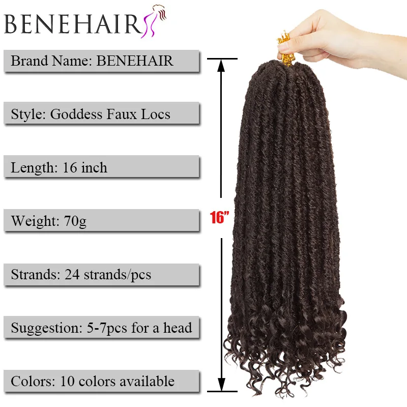 BENEHAIR Goddess Faux Locs Crochet Hair 24 Strands Crochet Braiding Synthetic Hair Afro Braids Hair Extension Curly Ends Ombre 2