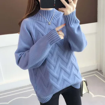

2019 women's autumn and winter new long-sleeved half-high collar base thick sweater sweater sweater women loose casual Solid