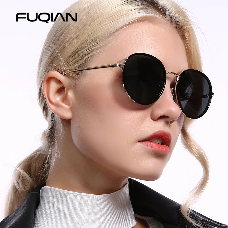 

FUQIAN Brand New Classic Round Polarized Women Sunglasses Beautifu Metal and Plastic Frame Lady Glass Black Shades UV400