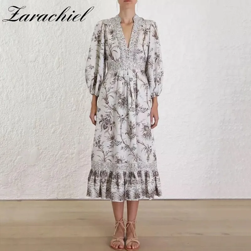 

2019 New Autumn Boho Vintage Flower Print Dress Women V-neck Puff Sleeve High Waist Slim Ruffles Long Dress Female Fashion Trend