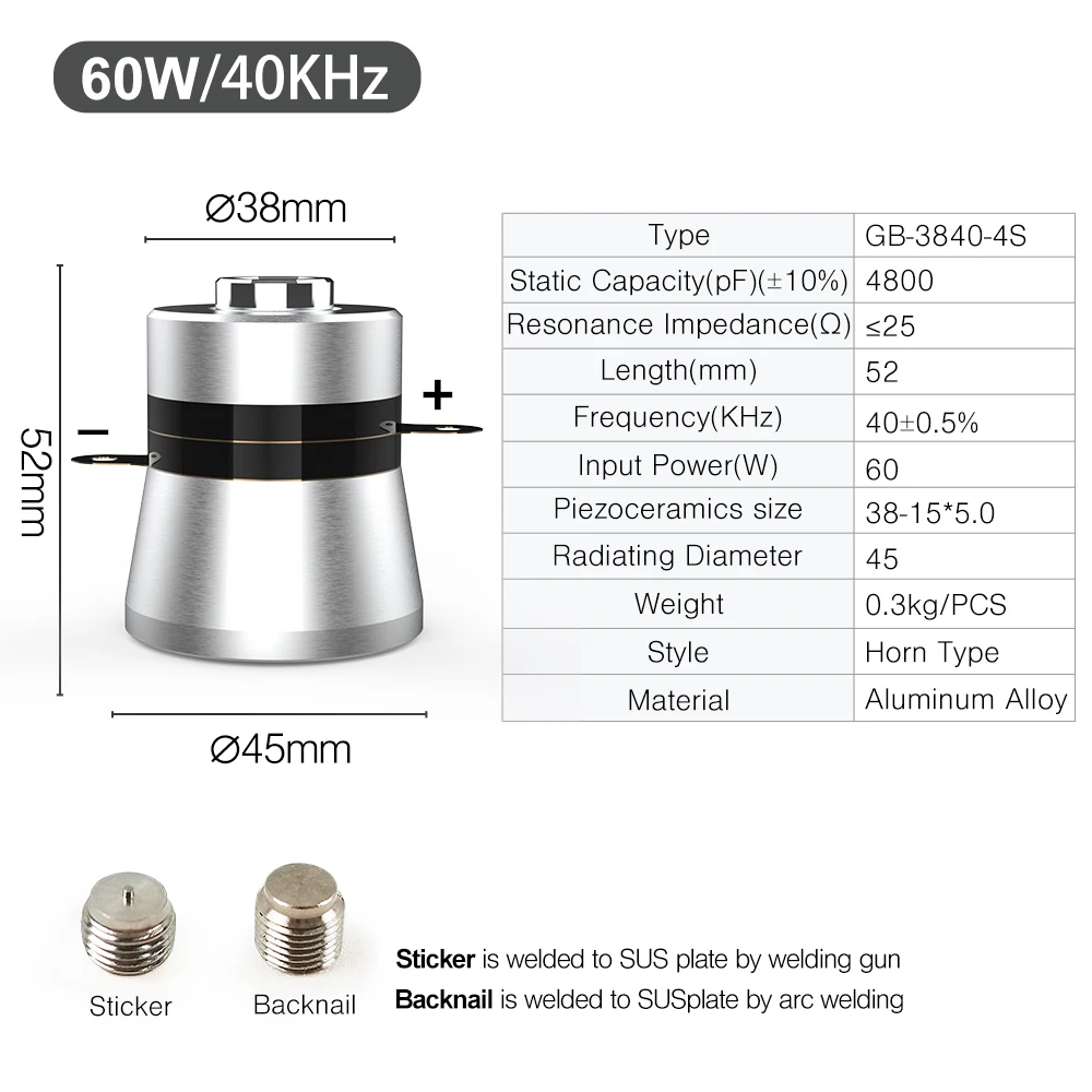 Granbosonic 60W 40KHz Ultrasonic Transducer High Stability Frequency Ultrasound Transmitter for Homemade Cleaning Parts