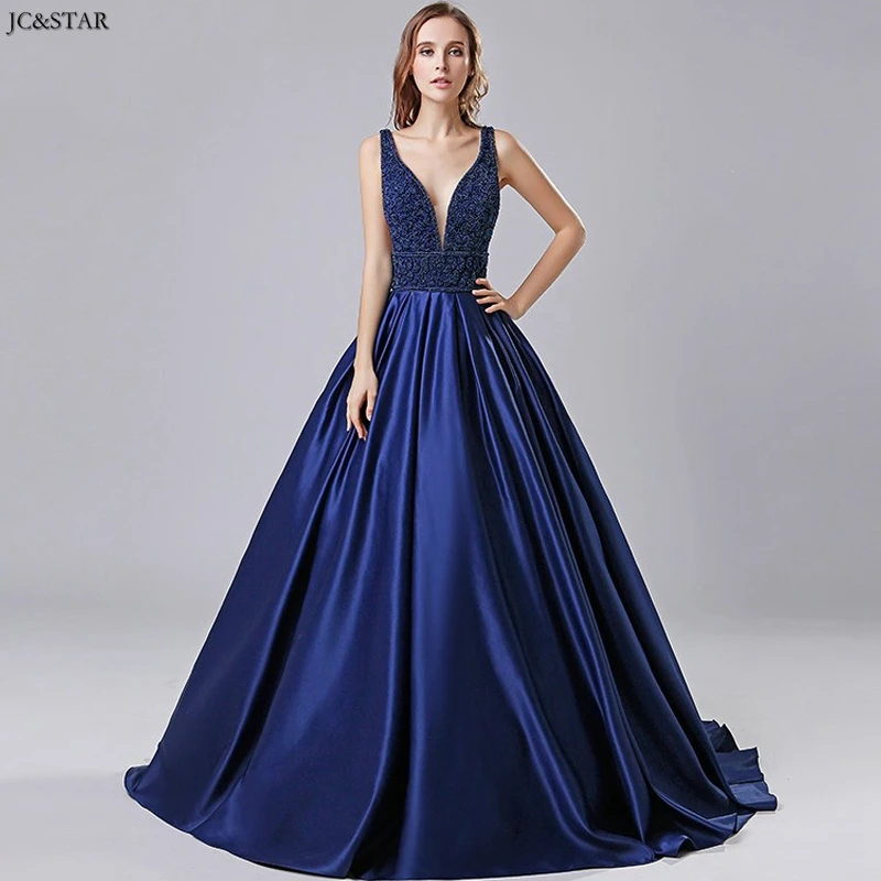 Vestido madrinha, новинка, атласное, расшитое бисером, сексуальное, v-образный вырез, ТРАПЕЦИЕВИДНОЕ, королевское, синее, платье подружки невесты со шлейфом, свадебное платье для гостей - Цвет: royal blue