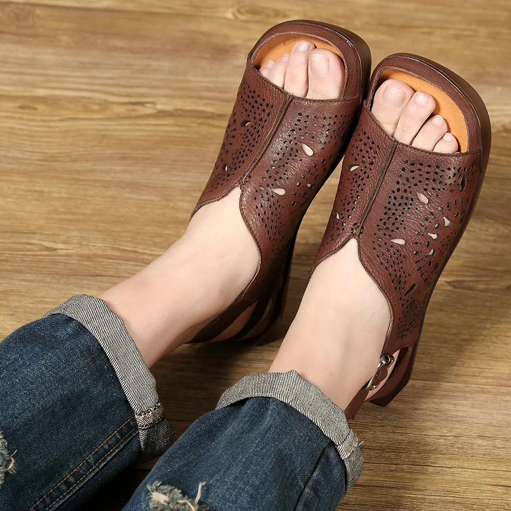 

Origional 2019 Summer New Style Genuine Leather Retro Casual round Open Toe Full-grain Leather Low Wedge Sandals WOMEN'S Shoes