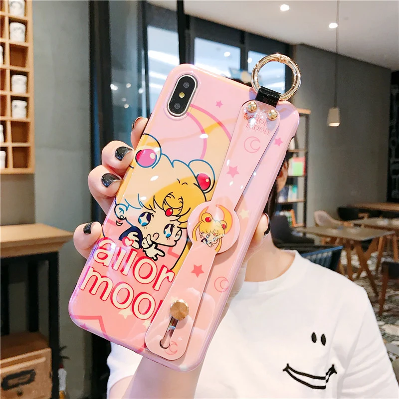 as picture Мягкий чехол для iphone XS max с милым ремешком на запястье Sailor Moon, чехол для iphone X XR 8plus 7 7plus 6 6S 6 p, чехол с рисунком кота - Цвет: as picture
