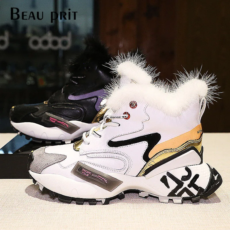 

Platform Sneakers With Fur Ankle Boots For Women Winter Shoes Chunky Sole Trainers Warm Plush Women's Sneakers Shoes 2019