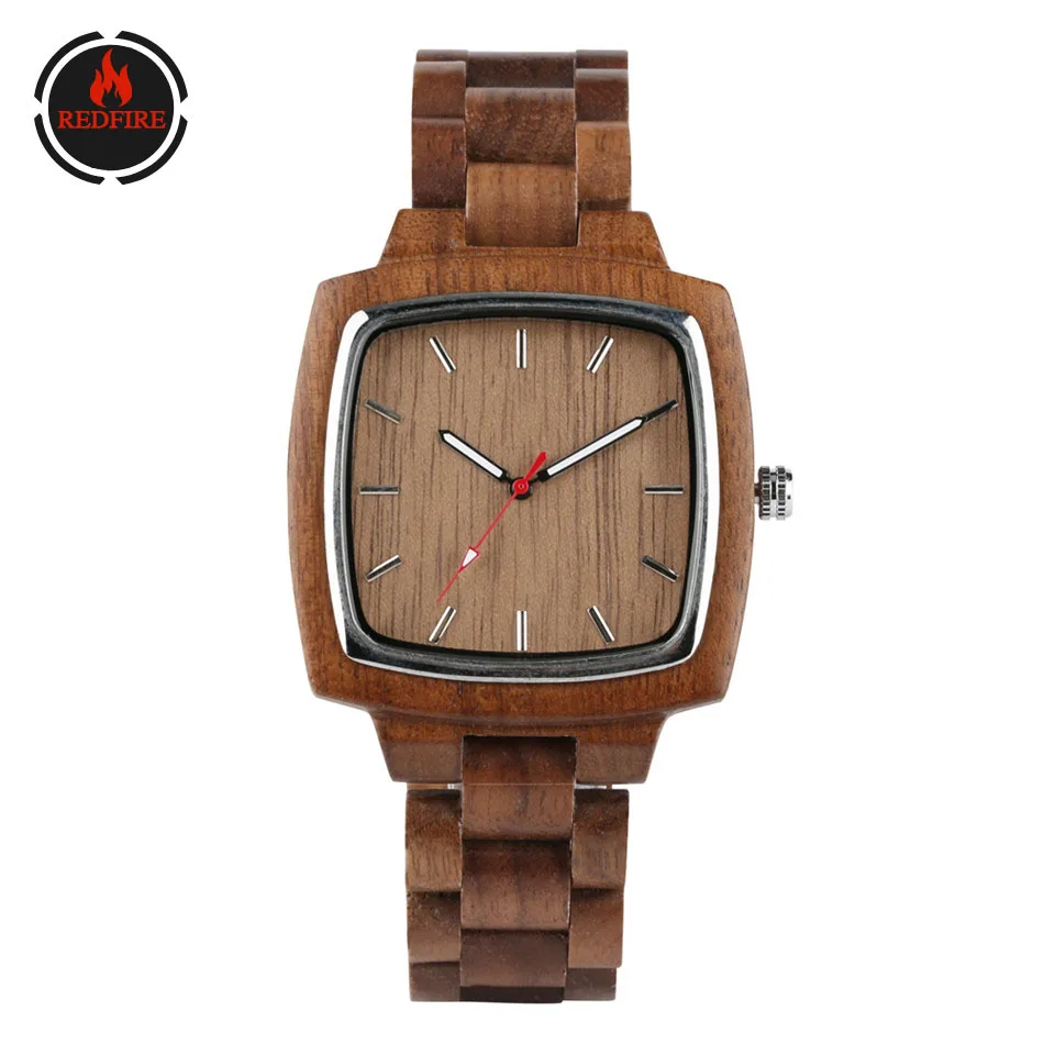 

REDFIRE Coffee Brown Walnut Wood Watch Minimalist Square Dial Men's Watches Quartz Clock Full Wooden Watchband reloj masculino