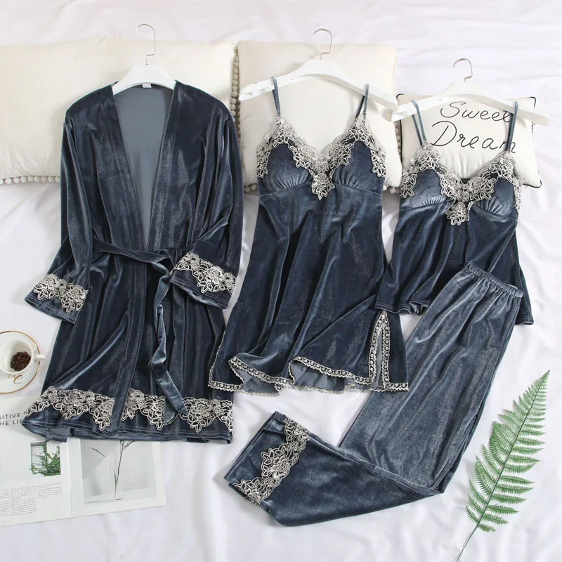 Женский халат и платье, комплект, Золотая бархатная кружевная пижама одежда для сна Женская домашняя одежда с длинными рукавами, комплект одежды с длинными рукавами для отдыха - Цвет: Grey Blue